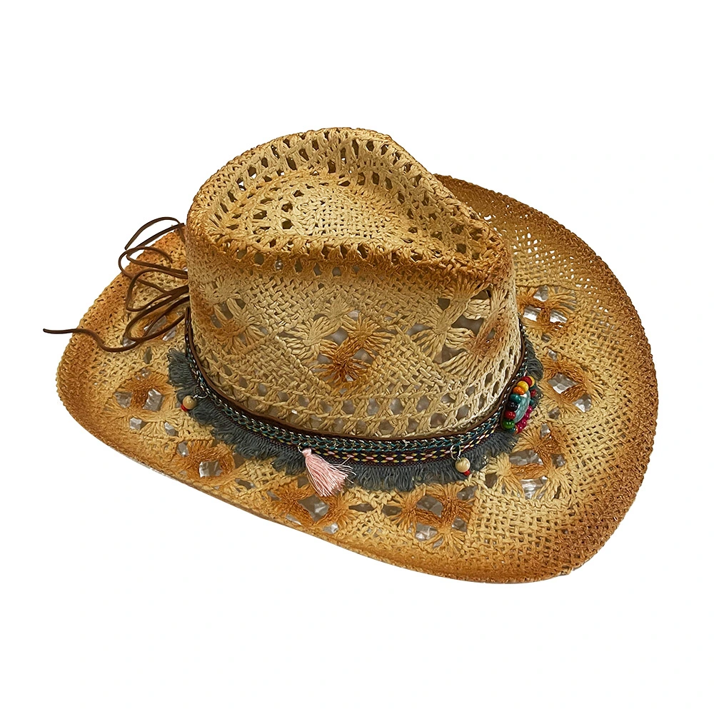 2023 Women and Men Hollow out Breathable Western Straw Hard Roll up Cowboy Hats with Gems